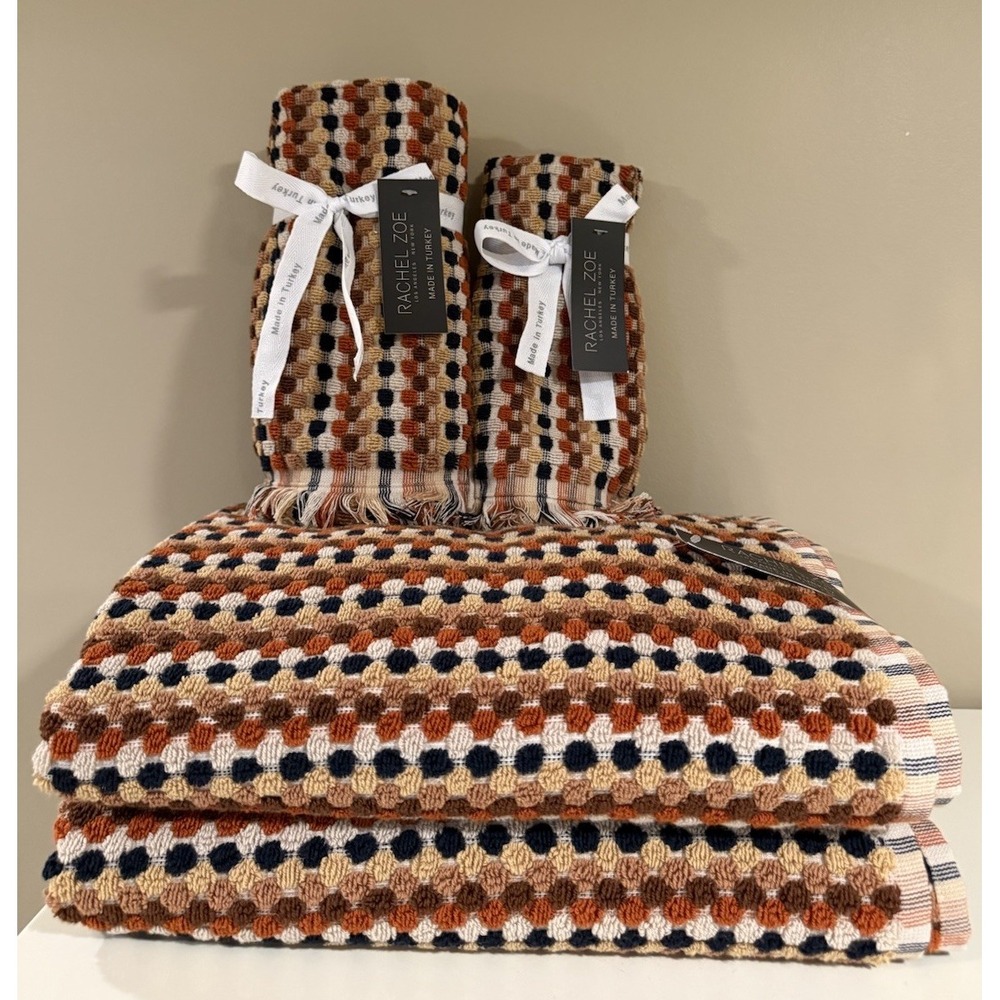 Rachel Zoe Bath Towel Set Brown Dotted Stripe Soft Cotton 6 Pc NEW